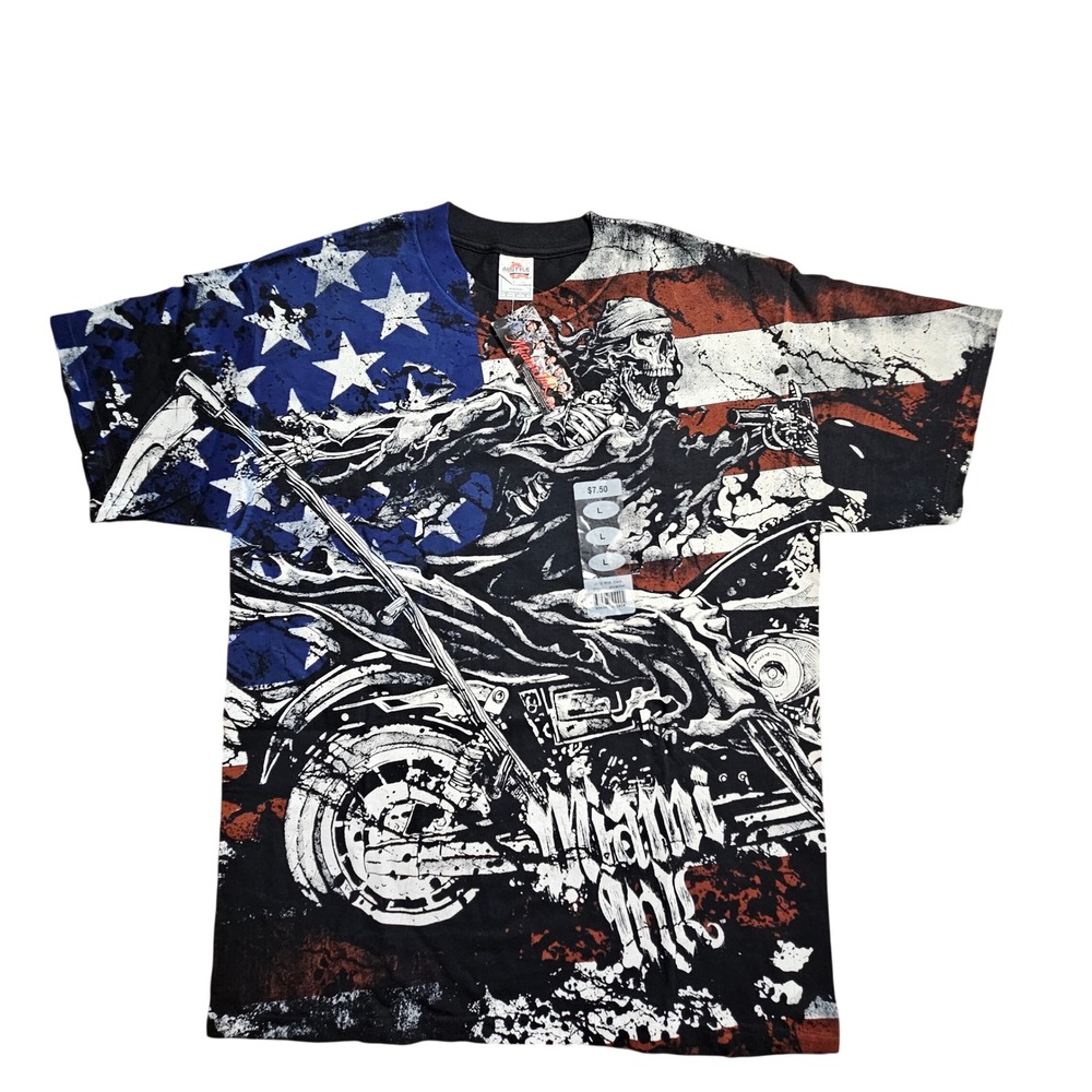 Miami Ink ALStyle Skeleton Biker‎ American Flag Graphic T-Shirt Mens L Y2K N0S